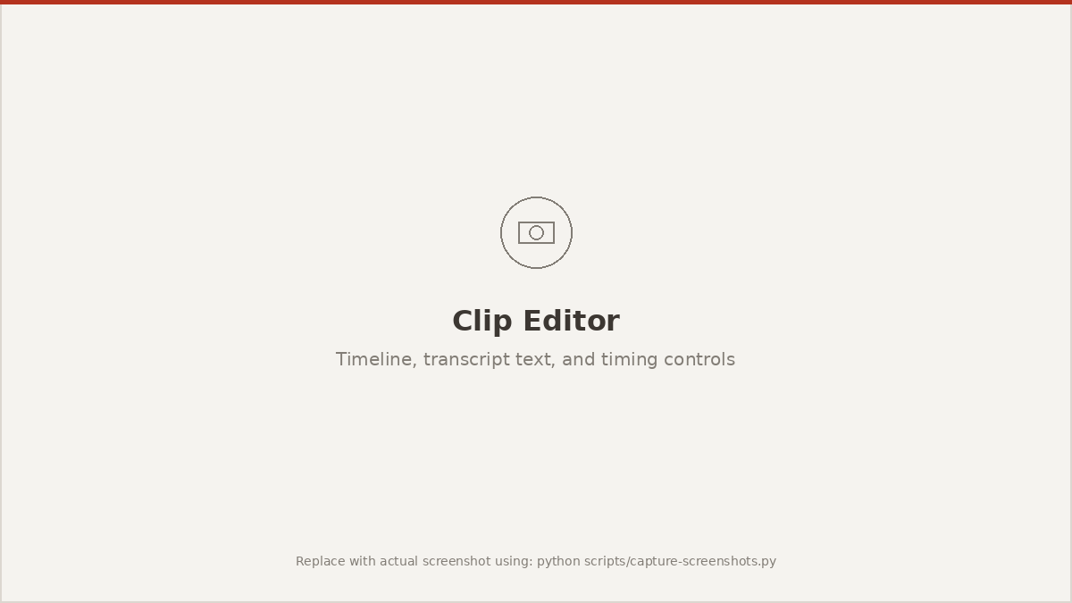The clip editor with timeline and transcript controls